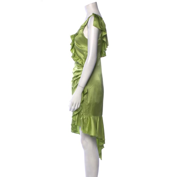 Cinq á Sept Silk Dress Green V-Neck Wrap Midi Asymmetrical Hem Size 8 NWT $545 - Picture 9 of 13